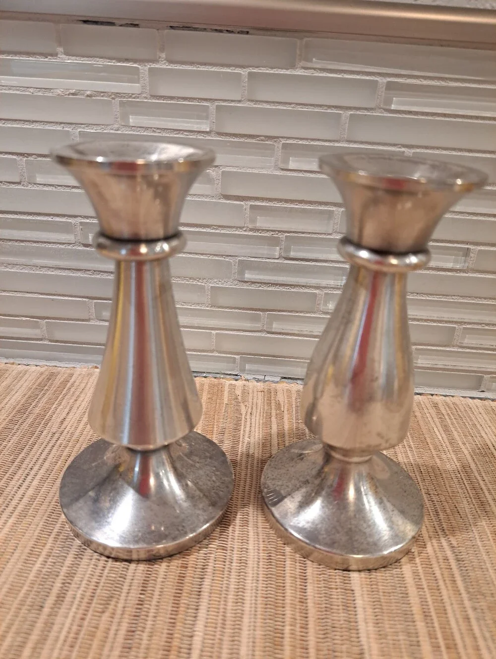 Two Restoration Hardware Metal Candlestick Holders